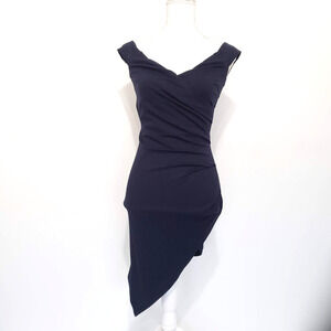 Trac Women SIZE S Navy Blue Off Shoulder Mini Dress Asymmetrical Hem Cocktail